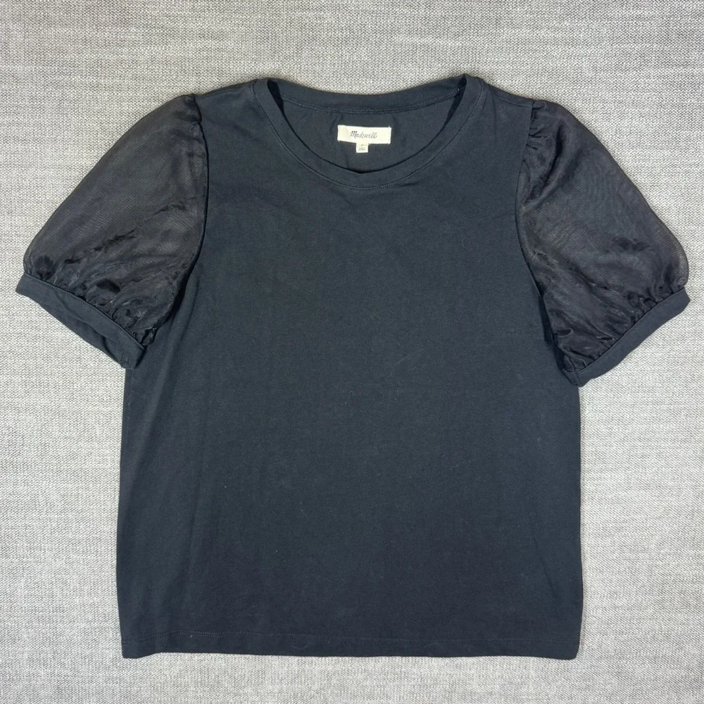 Madewell Black Sheer Mesh Puff Sleeve‎ Knit Top Crew Neck Small